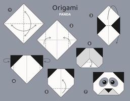 Tutorial origami scheme with panda. isolated origami elements on grey backdrop. Origami for kids. Step by step how to make origami panda. Vector illustration.