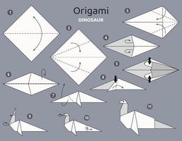 Tutorial origami scheme with dinosaur. isolated origami elements on grey backdrop. Origami for kids. Step by step how to make origami dinosaur. Vector illustration.