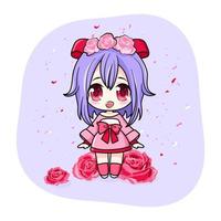 Cute and kawaii girl in dress with roses. Manga chibi girl with red and pink flowers. Vector Illustration. All objects are isolated. Art for prints, covers, posters and any use.