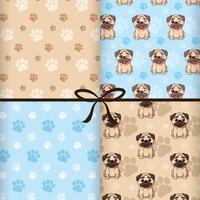 Collection with Cute seamless patterns. Cartoon Pugs and paws. Pattern for packaging, wrapping paper, textile and etc. Vector illustration