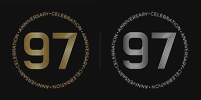 97th birthday. Ninety-seven years anniversary celebration banner in golden and silver colors. Circular logo with original number design in elegant lines. vector