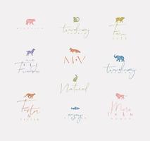 Set of animals mini floral graphic signs bear, fish, monkey, fox, pig, dog, rabbit, elephant, cheetah, lion with lettering drawing with color on dirty background vector