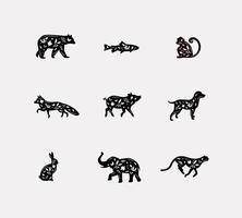 Set of animals floral graphic silhouettes bear, fish, monkey, fox, pig, dog, rabbit, elephant, cheetah drawing on dirty background vector