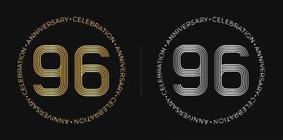 96th birthday. Ninety-six years anniversary celebration banner in golden and silver colors. Circular logo with original number design in elegant lines. vector