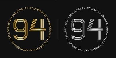 94 cumpleaños. banner de celebración de aniversario de noventa y cuatro años en colores dorado y plateado. logotipo circular con diseño de número original en líneas elegantes. vector