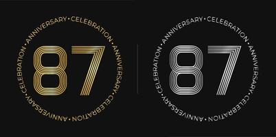 87 cumpleaños. Banner de celebración de aniversario de ochenta y siete años en colores dorado y plateado. logo circular con diseño de números originales en líneas elegantes. vector