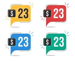 23 dollar price. Yellow, red, blue and green currency tags with balloon concept. vector