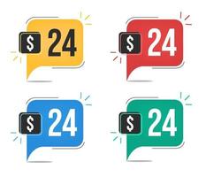 24 dollar price. Yellow, red, blue and green currency tags with balloon concept. vector