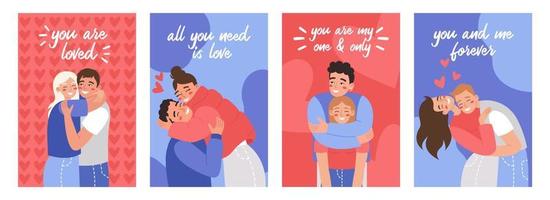 Set of Valentine's day greeting cards or posters. Couples hugging or cuddling. February 14 concept. vector