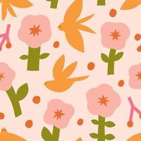Cute vector pattern with flowers and birds. Seamless texture with cut out flowers, birds, dots and berries. Artistic background in childish naive style