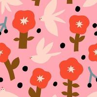 Cute vector pattern with flowers and birds. Seamless texture with cut out flowers, birds, dots and berries. Artistic background in childish naive style