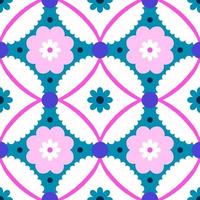 . Seamless pattern with geometrical flowers and shapes. Background in retro style vector