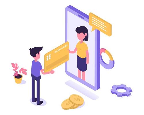 Mobile banking. Man sends credit card information to mobile app