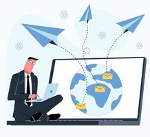 a successful businessman sits on his laptop and sends an e-mail through his computer to an emailservice messaging service around the world on the planet earth screen vector flat illustration