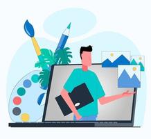 Designer on laptop screen shows pictures in design studio vector