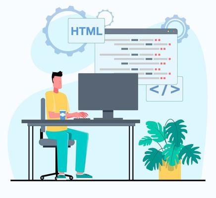 Programmer working. The programmer works on the computer. A man sits at his desk, above him windows with program code. Flat vector illustration.