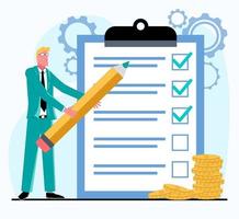 The businessman marks completed tasks with a pencil on a clipboard. He is planning a financial budget. Some coins are lying next to it. Flat vector illustration.