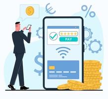 a man businessman holds a mobile phone and conducts a payment transaction online on a smartphone from a credit card via wi-fi around currency icons near coins money gold vector flat illustration