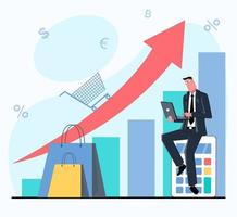 A businessman sits on a calculator and holds a laptop. In the background is a graph with an arrow and a cart showing sales growth. Flat vector illustration.