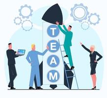 business team build a rocket out of letters showing successful teamwork and business growth businessman works on a laptop businesswoman commands the process vector flat illustration