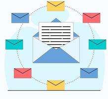 synchronization of email exchanges to emailservice messaging service in the center of an open letter with a document file vector flat illustration