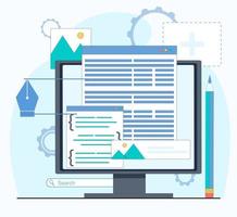 Web design. The monitor shows the website design windows. Flat vector illustration.