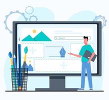 A man does web design. On the monitor is a site with pictures and text, and next to it is a glass with pencils and brushes. Flat vector illustration.