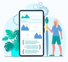 A woman does web design. She stands next to her smartphone and holds a brush. The screen shows the development of a website design. Flat vector illustration.