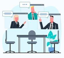team of businessmen and businesswoman communicate via video link, business video conference takes place remotely in the office flat vector illustration