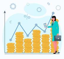 A businesswoman with a briefcase is holding a calculator and standing next to a coin chart showing sales performance growth. Flat vector illustration.