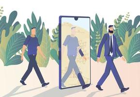 A man walks into a smartphone in casual clothes and walks out in a business suit. Business activity vector