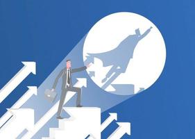 Business target. The businessman walks up the arrow, with his shadow as a superhero in the background. vector