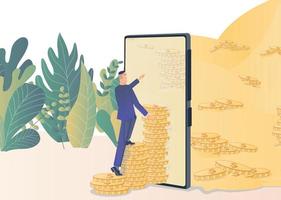 Mobile banking. Businessman climbs the steps of gold coins in his smartphone. vector