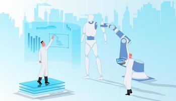 Scientists are developing a robot in the lab. Around innovative graphics and technology. vector