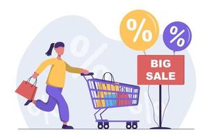 Sale. A girl with a cart and bags runs on a shopping spree with sales vector