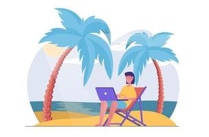 Freelance. Female freelancer on the beach working on a laptop vector