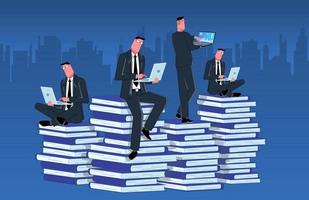 teamwork. a team of businessmen sitting on stacks of books with laptops, they work together vector