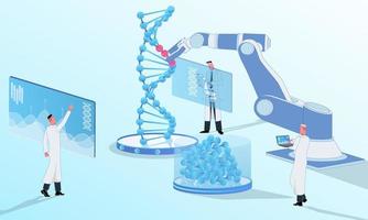 Scientists perform genetic analysis of DNA in the lab. Around innovative graphics and technology vector