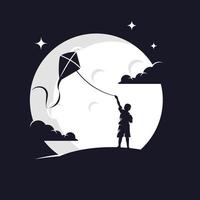 niños jugando cometa con plantilla de diseño de logotipo de fondo de luna con fondo oscuro vector