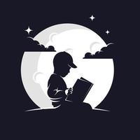 niños leyendo un libro con plantilla de diseño de logotipo de fondo de luna con fondo oscuro vector