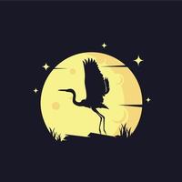 Heron with Yellow Moon Background Logo Template vector
