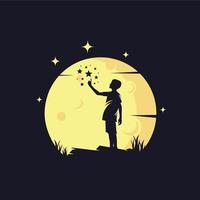 Kids Reaching Stars with Yellow Moon Background Logo Template vector