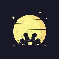 niños alcanzando estrellas con plantilla de logotipo de fondo de luna amarilla vector