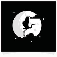 silueta de garza con plantilla de diseño de logotipo de fondo de luna vector