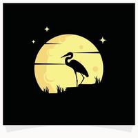 Heron Silhouette with Moon Background Logo Design Template vector