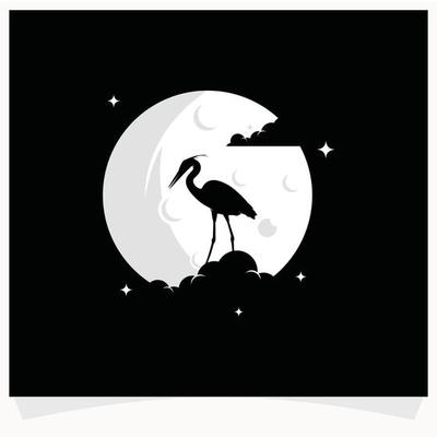 Heron Silhouette with Moon Background Logo Design Template