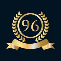 Plantilla dorada y negra de celebración del 96 aniversario. elemento de logotipo de cresta heráldica de oro de estilo de lujo vector de laurel vintage