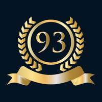 Plantilla dorada y negra de celebración del 93 aniversario. elemento de logotipo de cresta heráldica de oro de estilo de lujo vector de laurel vintage