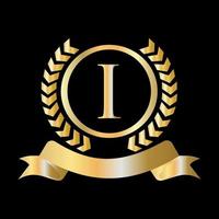 Seal, Gold Laurel Wreath and Ribbon on Letter I Concept. Luxury Gold Heraldic Crest Logo Element Vintage Laurel Vector