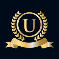Seal, Gold Laurel Wreath and Ribbon on Letter U Concept. Luxury Gold Heraldic Crest Logo Element Vintage Laurel Vector